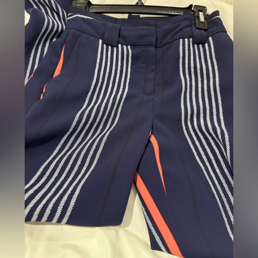 Express women’s dress pants, navy with colored stripes.